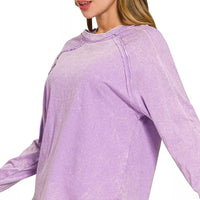 Lavender washed round-neck long-sleeve top with curved hem