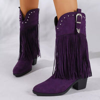 Purple fringe round-toe block-heel boots with studded strap and double buckle
