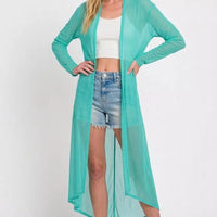 Turquoise mesh open-front cardigan with long drape hem, side view