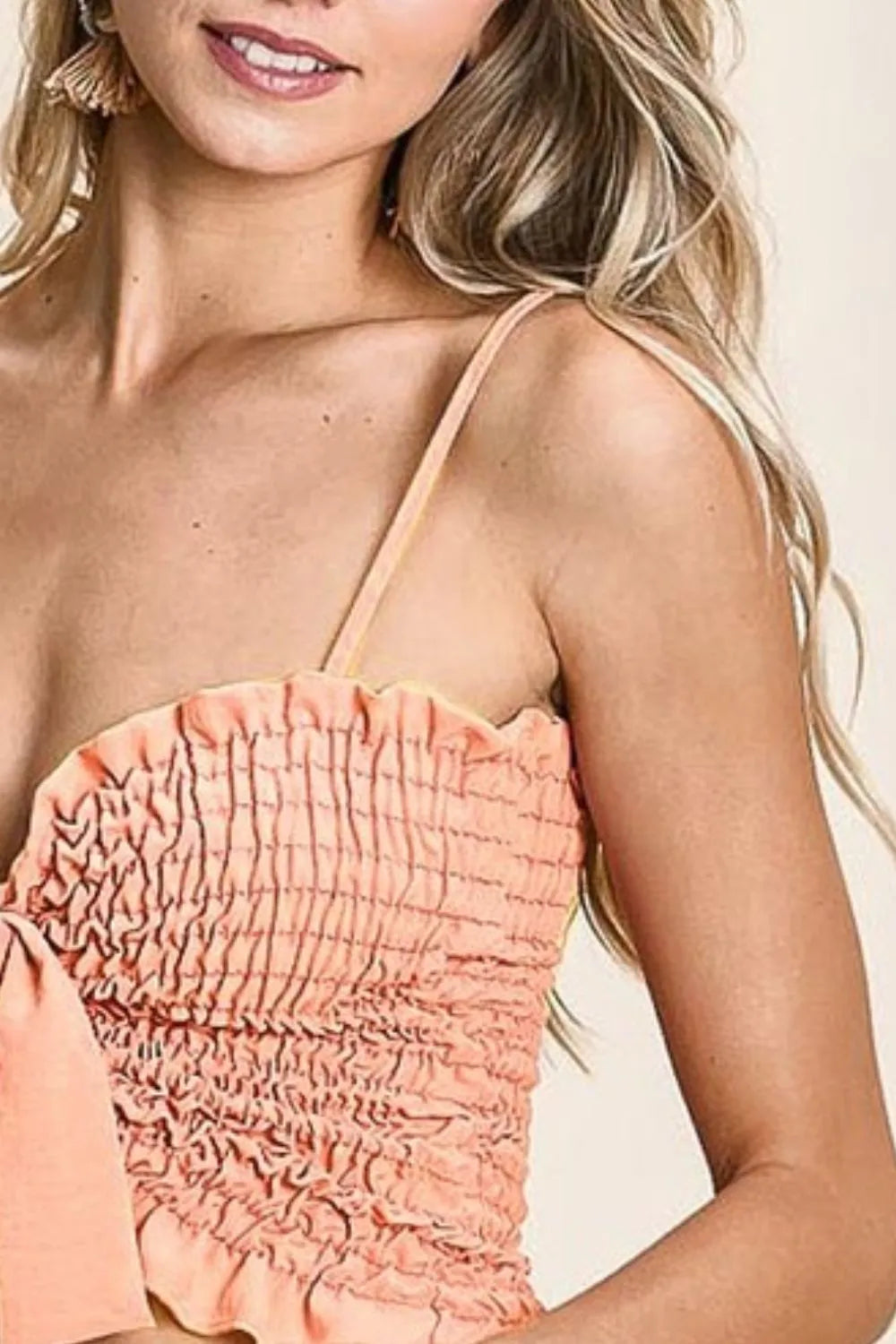 Smocked woven ribbon bra top with peach color block and spaghetti straps
