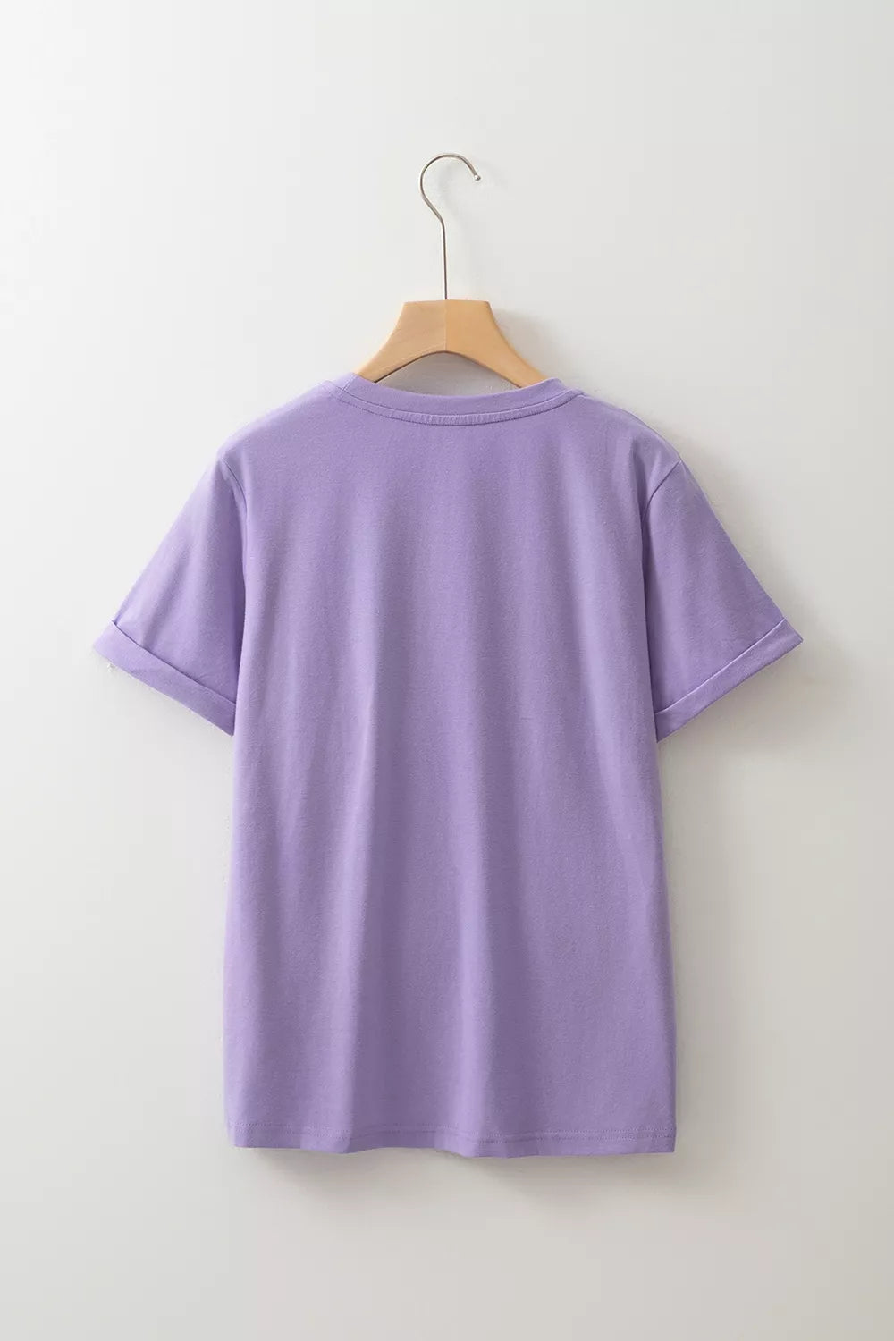 Lavender T-shirt, plain back on hanger, short sleeves and crew neckline
