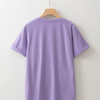 Lavender T-shirt, plain back on hanger, short sleeves and crew neckline