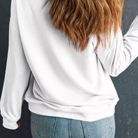 White pullover sweatshirt, back view, crew neck and long sleeves
