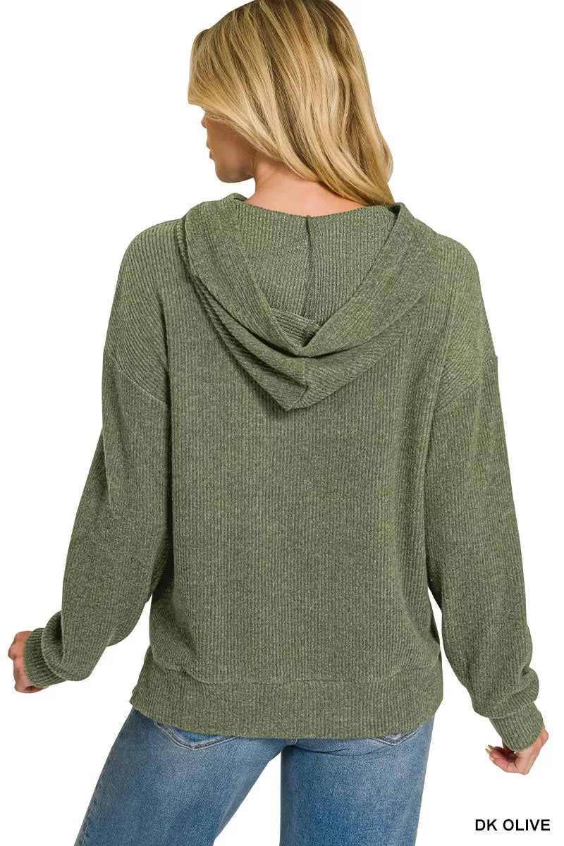 Dark olive knit hoodie back view with hood seam detail and long sleeves