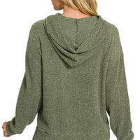 Dark olive knit hoodie back view with hood seam detail and long sleeves