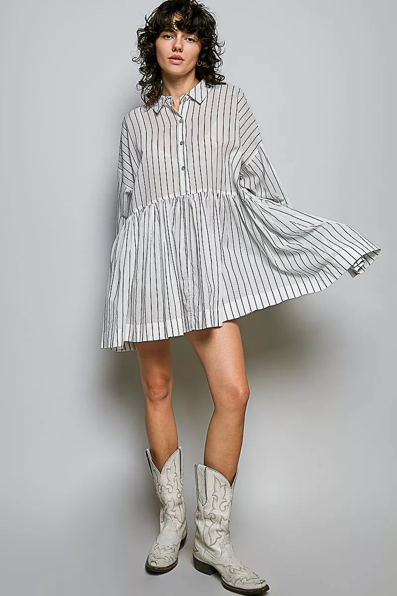 Relaxed striped shirt dress with point collar, button front, gathered waist, and long sleeves