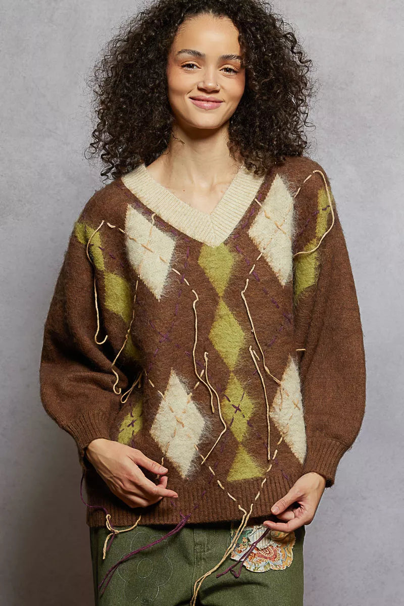 Mocha V-neck argyle mohair sweater in diamond pattern with contrast seam lines and long sleeves