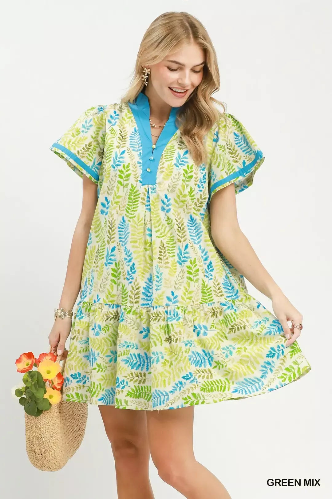 Green and blue leaf print tiered mini dress with flutter sleeves and V-neck