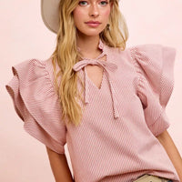Women's red-and-white striped ruffle-sleeve blouse with neck tie keyhole