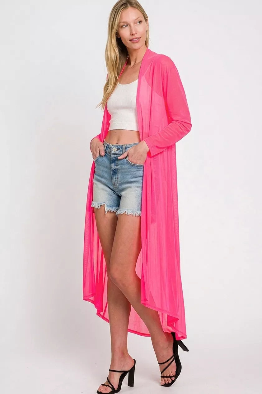 Fuchsia mesh open-front cardigan with asymmetrical draped hem and long sleeves