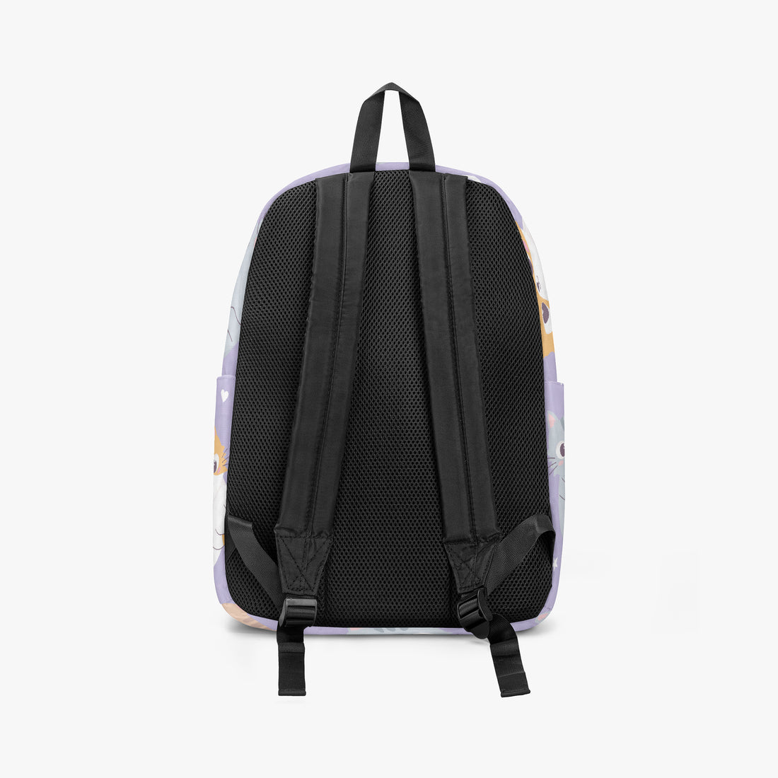 Kids purple kitten-print backpack with black mesh back panel and two adjustable straps