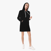 Black women’s hoodie dress with hood and white drawstring, straight mini length, long sleeves