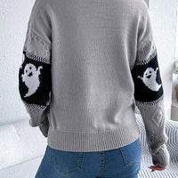 Gray textured knit sweater with ghost pattern sleeves and crew back