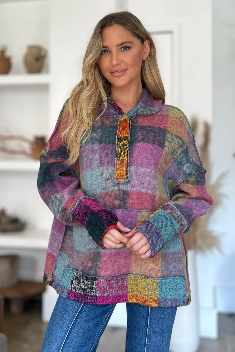 Multicolor plaid fleece hoodie plus size with hood and decorative quarter-zip placket