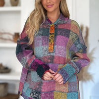 Multicolor plaid fleece hoodie plus size with hood and decorative quarter-zip placket