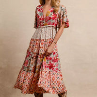 Floral print tiered midi dress with flutter sleeves and multi-tier skirt, rose mix