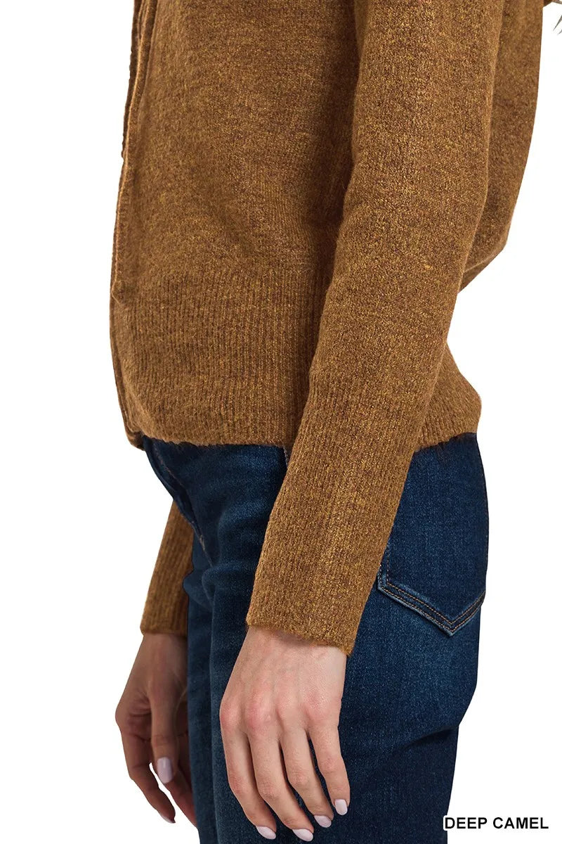 Womens deep camel knit zip-up hooded cardigan sleeve and cuff detail