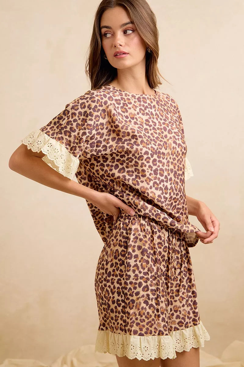 Leopard print top and shorts set with eyelet lace ruffle edges