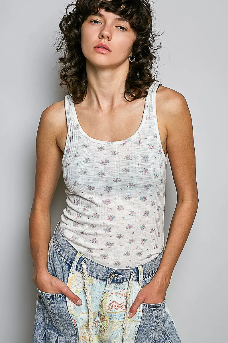 Ivory floral ribbed tank top with scoop neck, sleeveless, front view