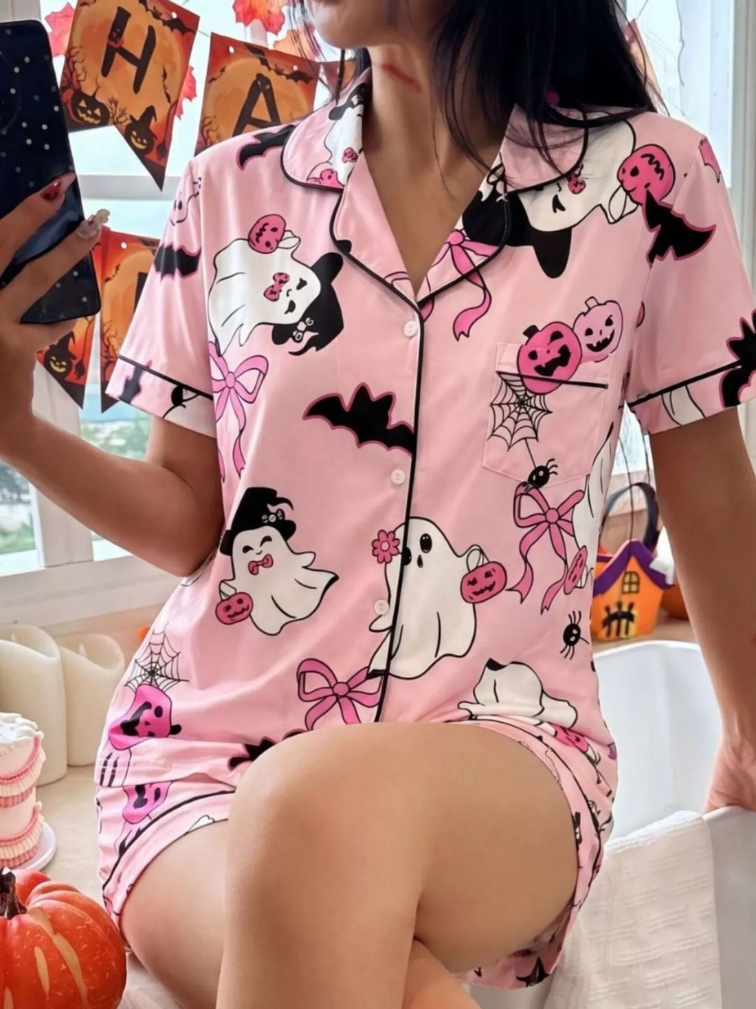 Pink Halloween button-down top with short sleeves and matching shorts set