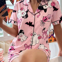 Pink Halloween button-down top with short sleeves and matching shorts set