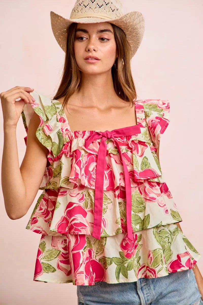 Floral ruffle square-neck top with bow tie detail and pink-green rose print