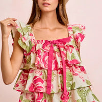 Floral ruffle square-neck top with bow tie detail and pink-green rose print