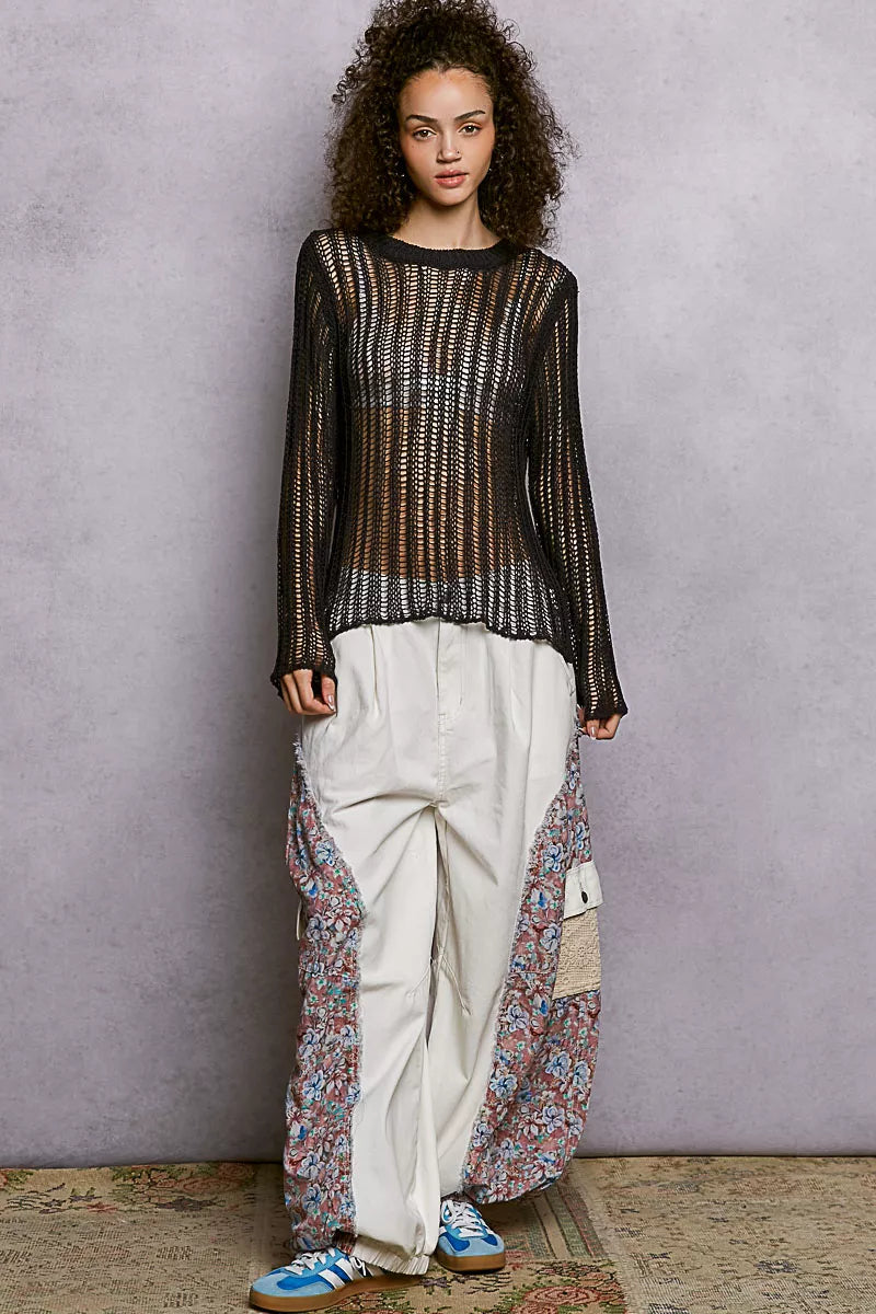 Charcoal openwork knit cover up with round neck, long sleeves, cropped length