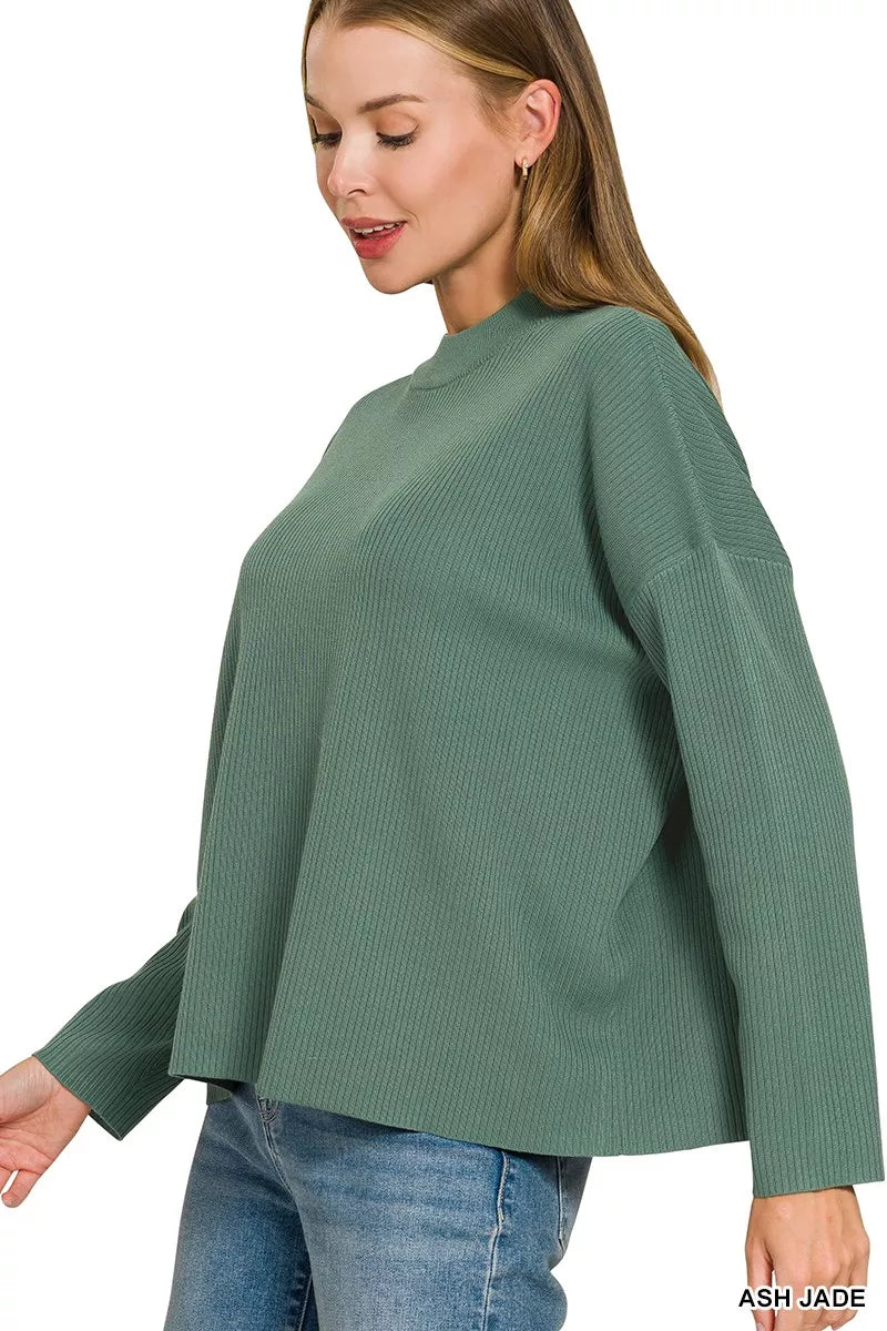 Teal-green sweater top and wide-leg pants set, crew neck, long sleeves