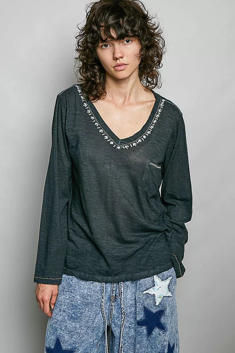 Dark green lightweight knit V-neck long sleeve top with contrast trim