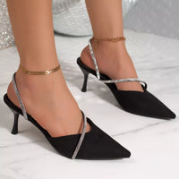 Black suede point-toe kitten heel sandals with rhinestone ankle straps and slingback