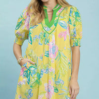 Lemon botanical print dress with V-neck and puff sleeves, smocked cuffs
