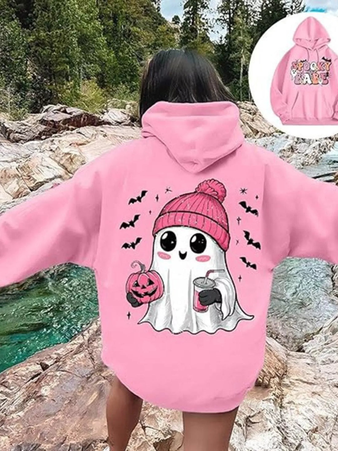 Plus-size Halloween graphic hoodie in dusty pink with Spooky Baby back design and hood