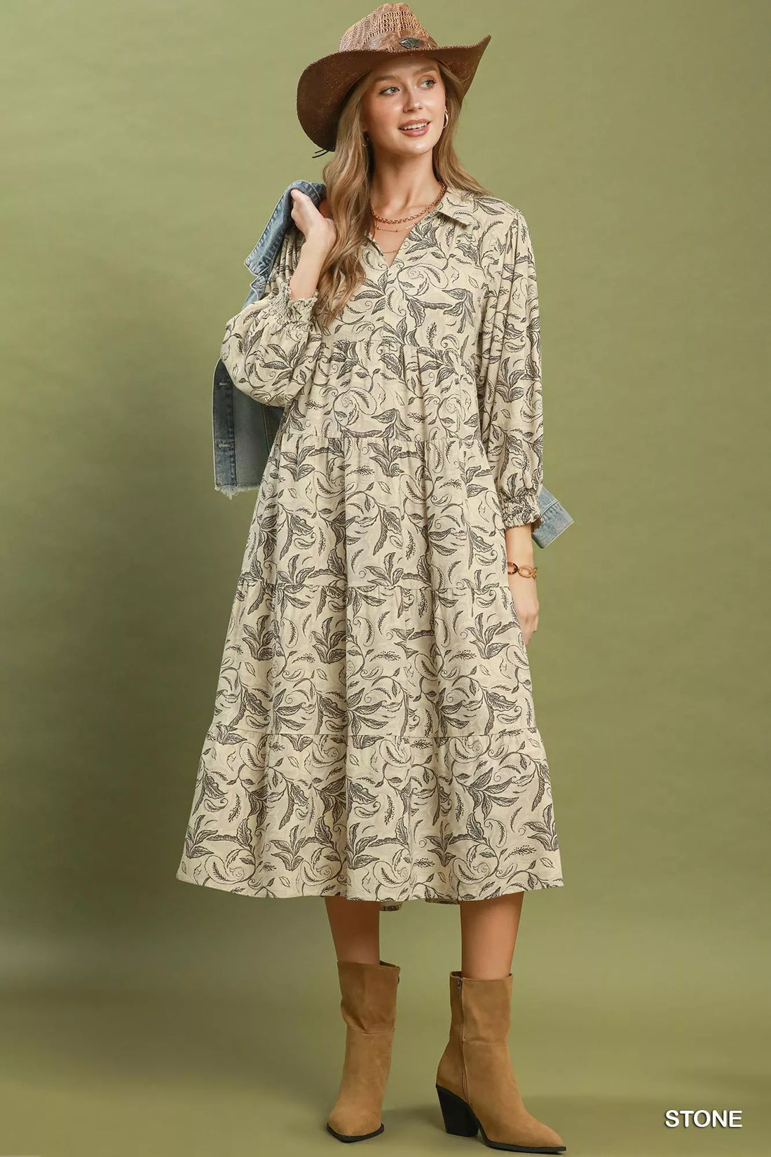 Beige botanical-print tiered midi dress front view with long sleeves and tiered skirt