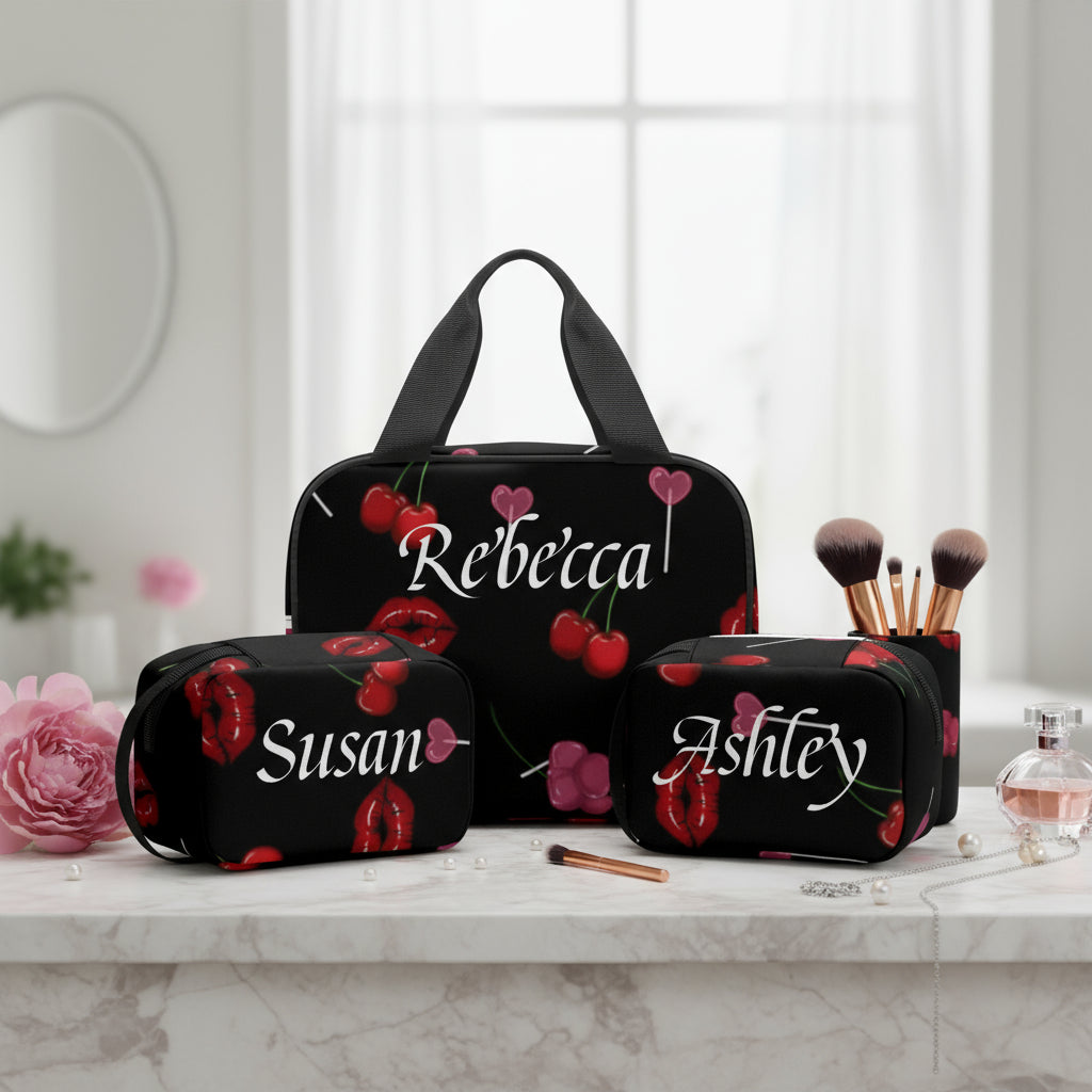 Black Vanity Case Set | Personalized 3 Piece Cherry Lips Travel Organizer