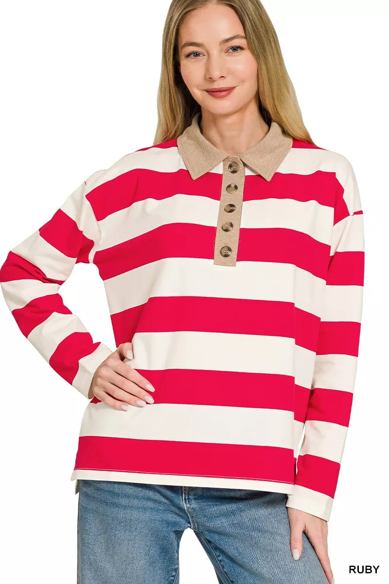 Striped polo top with contrast collar, long sleeves, ruby-and-white horizontal stripes