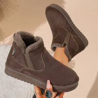 Dark brown plush-lined ankle boots with inner label patch and cushioned lining