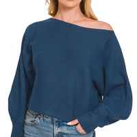 Teal boat-neck sweater with long balloon sleeves and relaxed drape