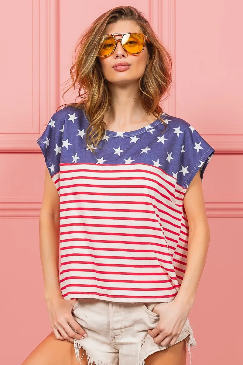Navy star print and red-and-white striped short-sleeve crew-neck top, easy fit