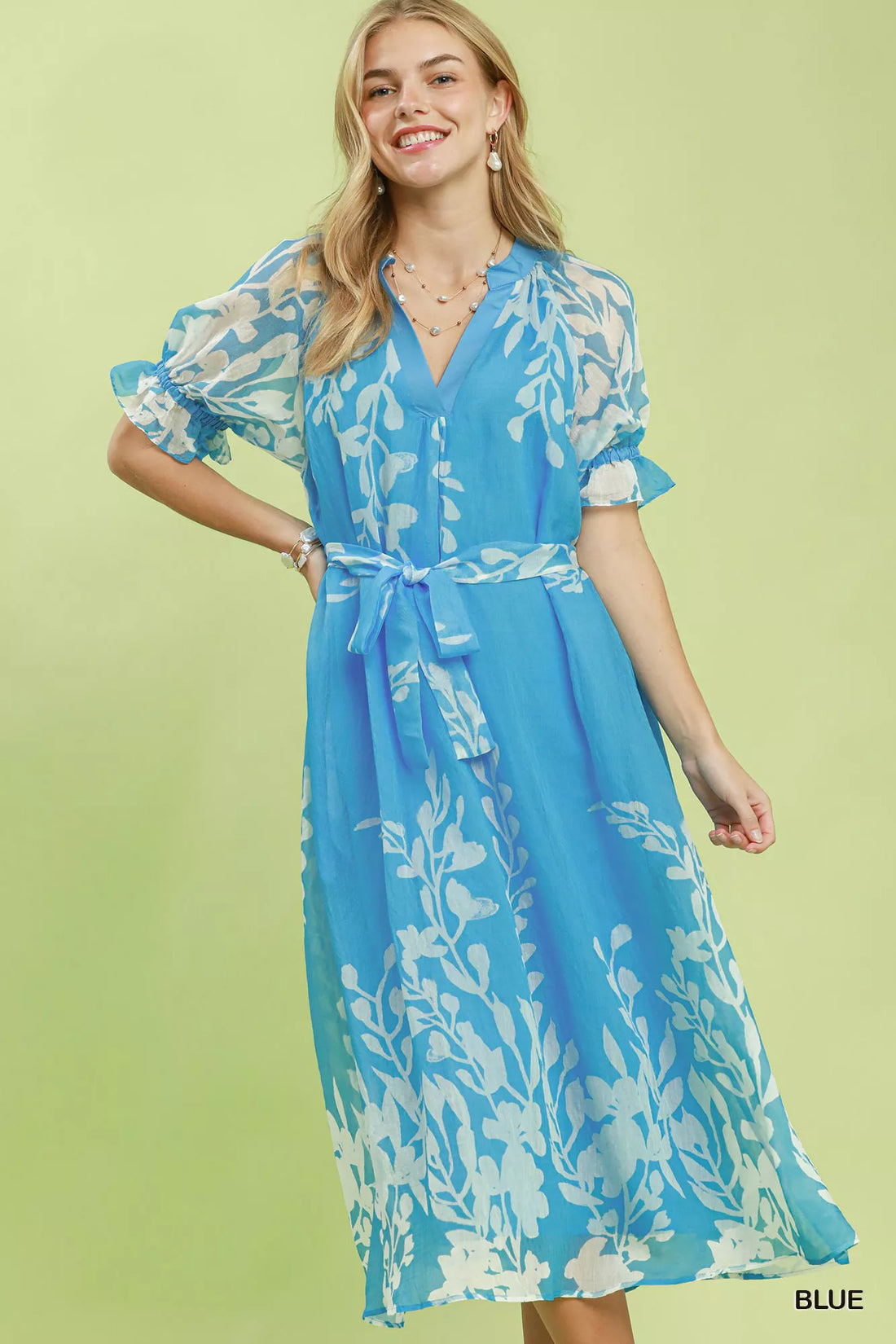 Blue floral tie-waist midi dress with ruffled sleeves and V-neck