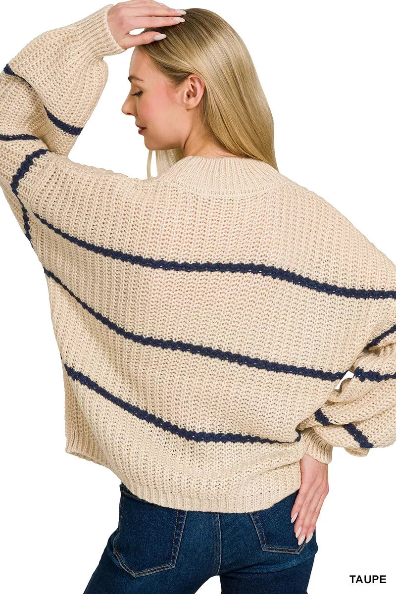 Taupe oversize striped sweater viewed from back, navy horizontal stripes