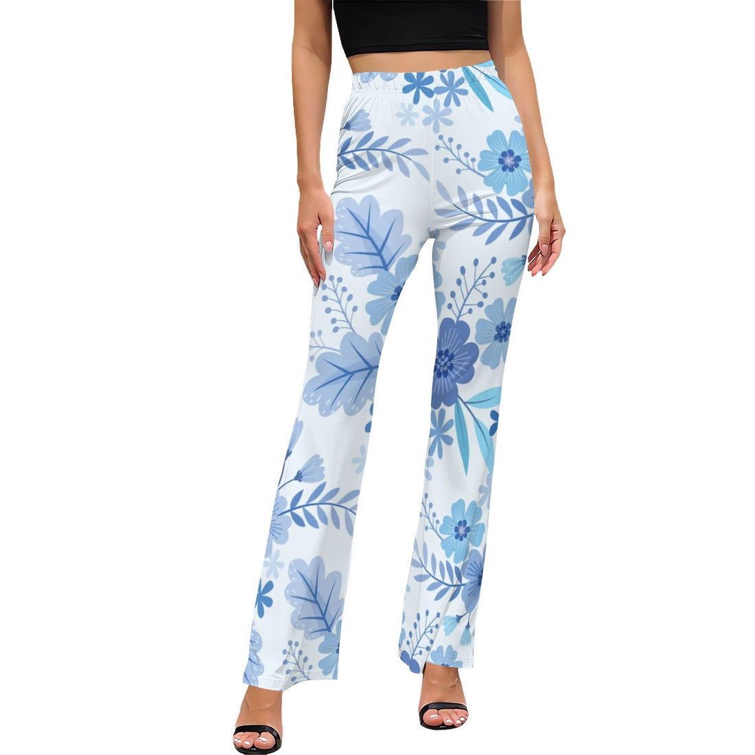 Blue Floral Print High Waist Flared Pants Women’s Botanical Summer Trousers