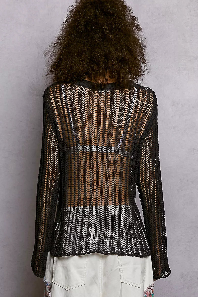 Back view charcoal openwork knit cover up with round neck and long sleeves