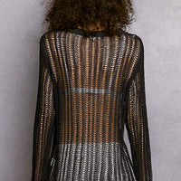 Back view charcoal openwork knit cover up with round neck and long sleeves