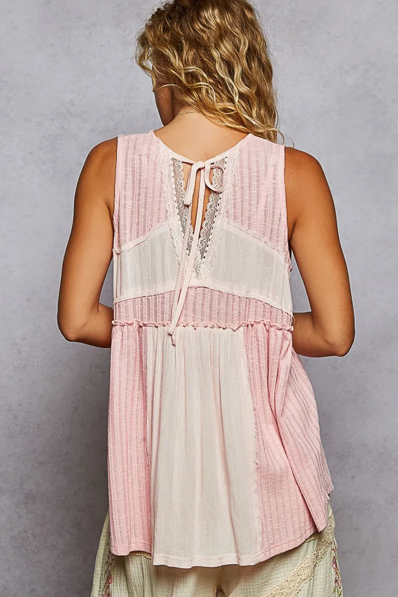 Two-tone pink and cream pintuck tank top with lace back keyhole tie