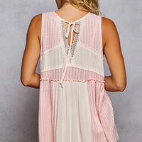Two-tone pink and cream pintuck tank top with lace back keyhole tie