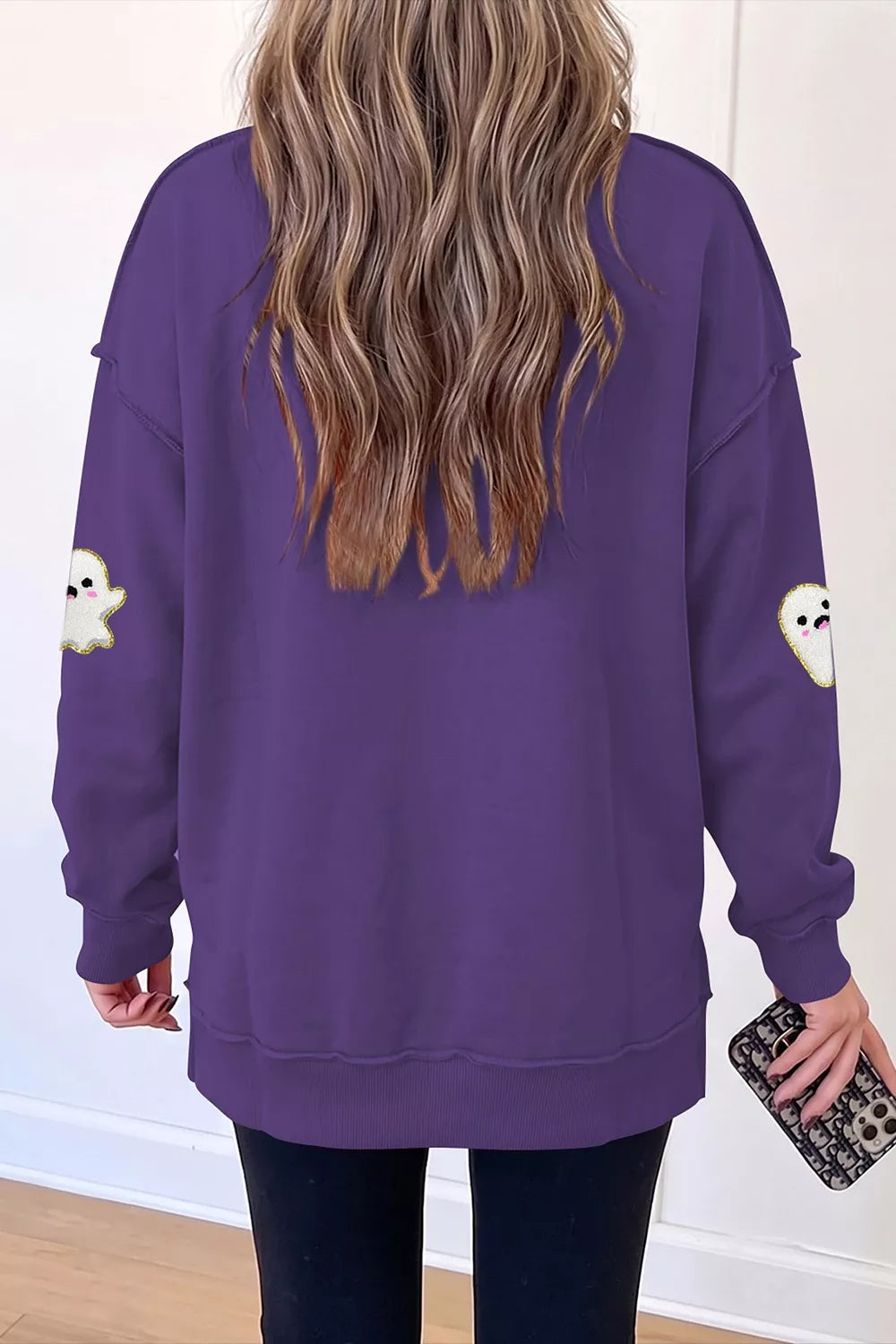 Mauve tunic sweatshirt back with mock neck and ghost graphics on sleeves