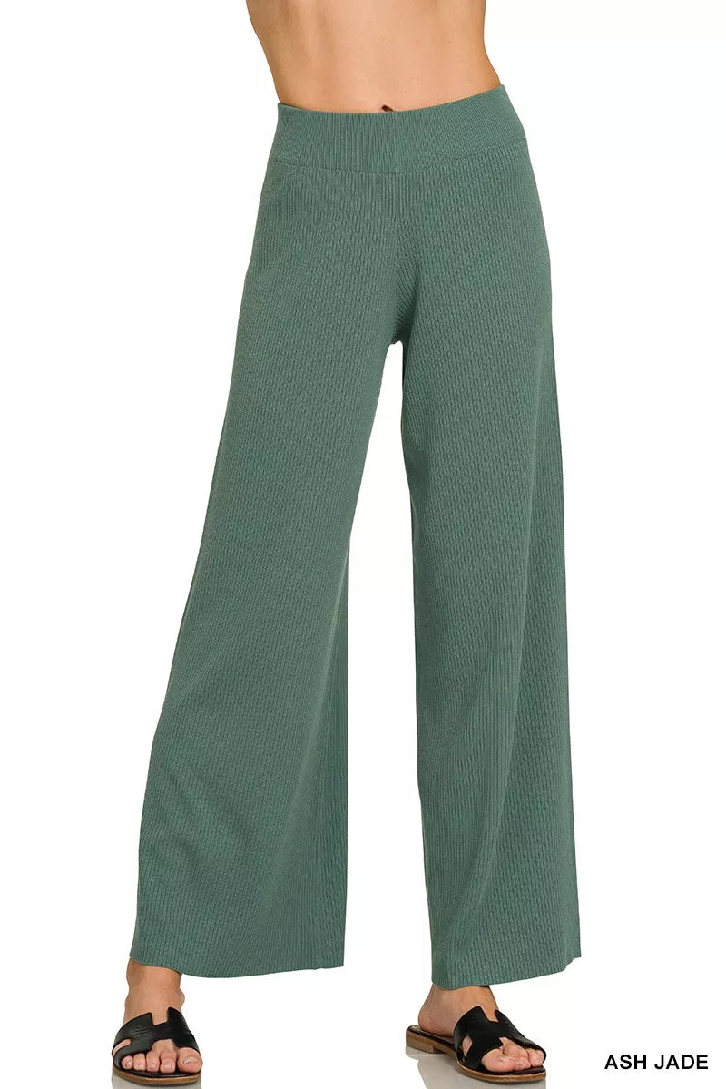 Jade green wide-leg knit pants, full length