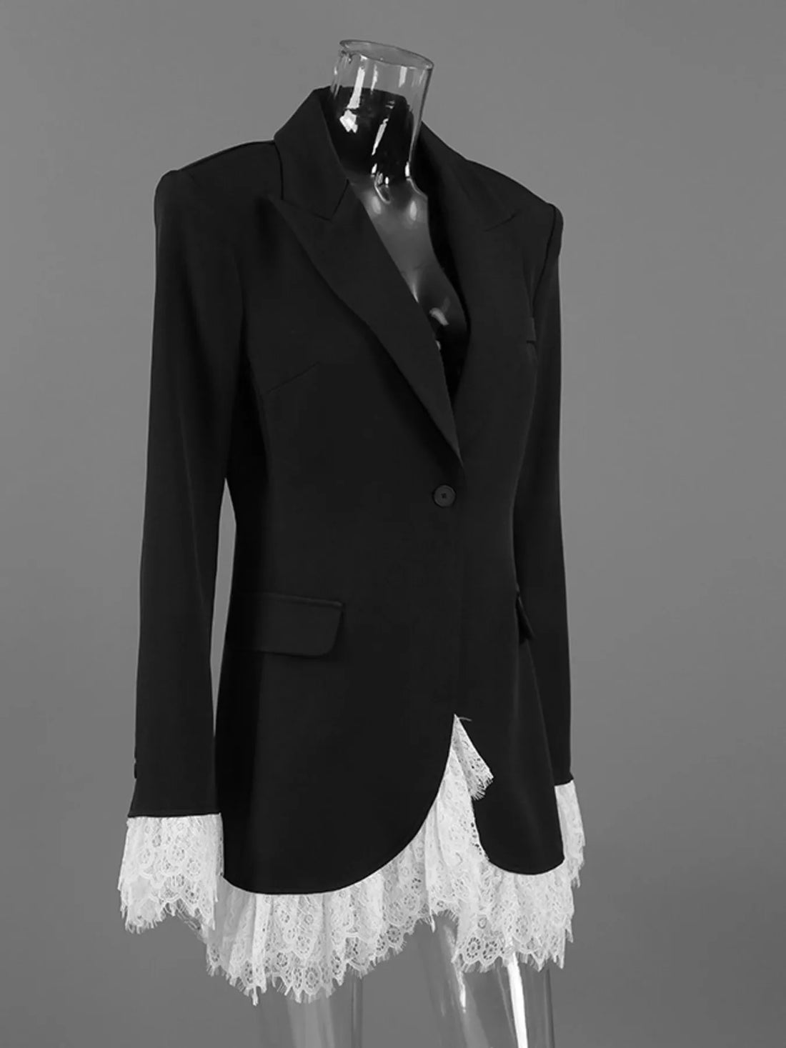 Black lace-hem one-button blazer front with lace-trim cuffs