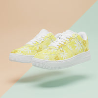 Yellow floral sneakers on a two-tone background